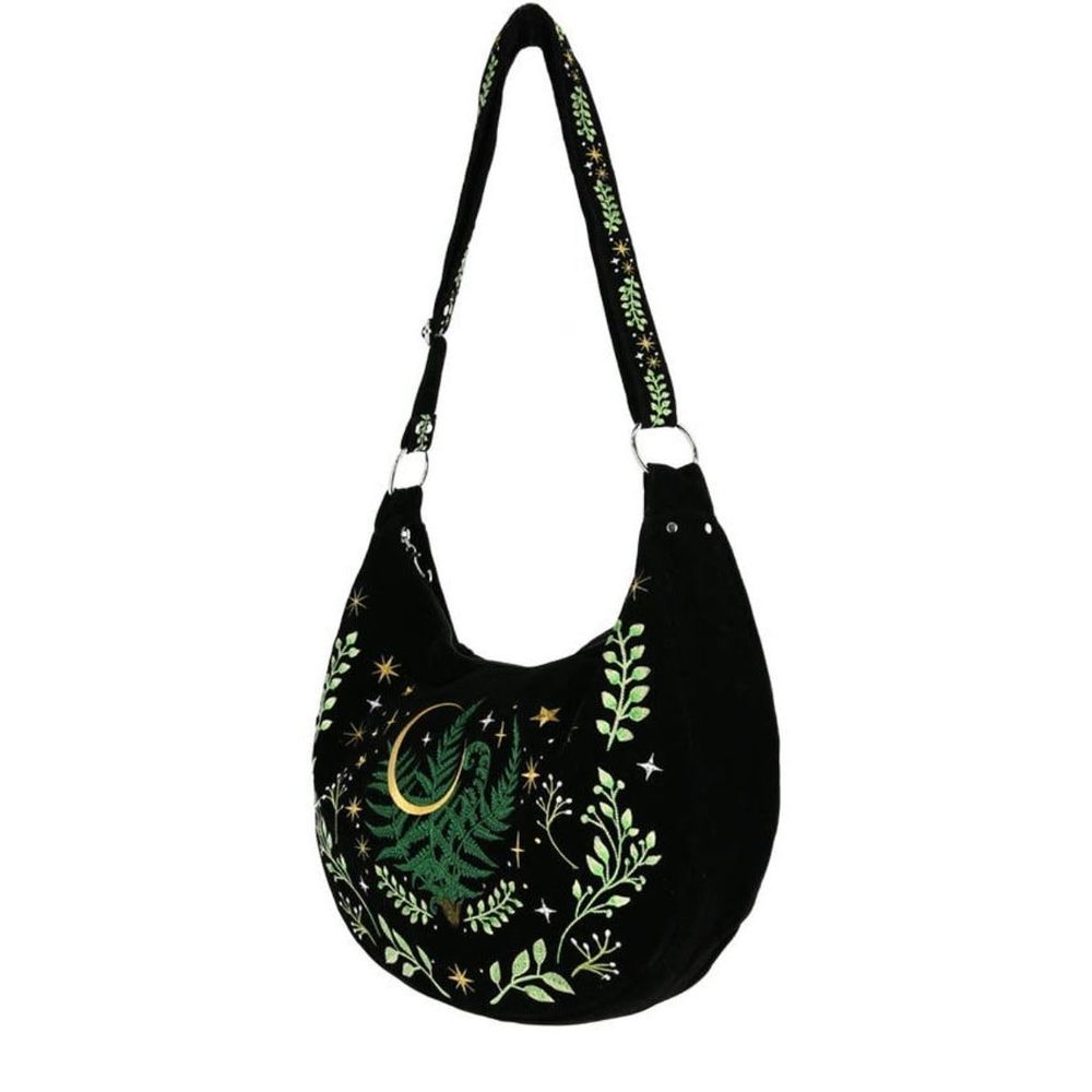 Herbal Hobo Bag Crescent Moon Stars Fern Leaf Witchy Gothic Embroidered :v